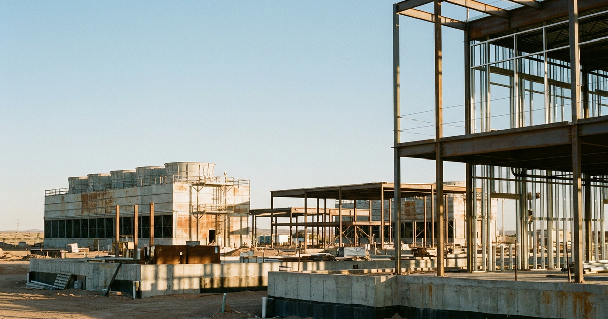 Data center Project Jupiter em construção no Novo México com estruturas metálicas e torres de refrigeração