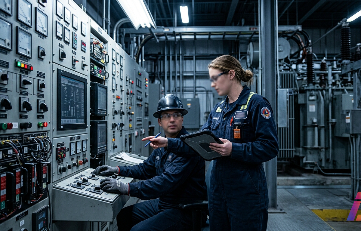 Engenheiro de programa de defesa trabalha ao lado de operadores diante de painéis de controle de energia dentro de subestação elétrica, sob luz industrial fria, com equipamentos e estruturas técnicas ao fundo.