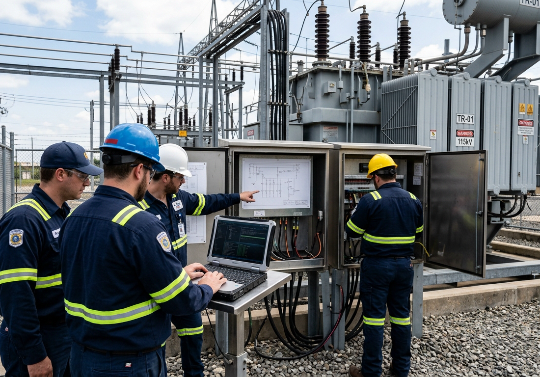Engenheiros de cibersegurança acompanham técnicos junto a painéis e transformadores de uma subestação elétrica, supervisionando a proteção dos sistemas que operam a rede de energia.