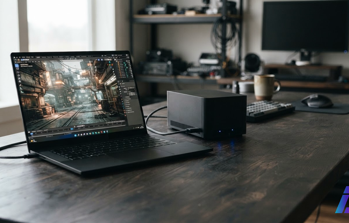 Notebook fino aberto exibindo uma cena 3D complexa na tela, ao lado de um pequeno computador de mesa em formato de caixa, sobre uma bancada de estúdio iluminada lateralmente