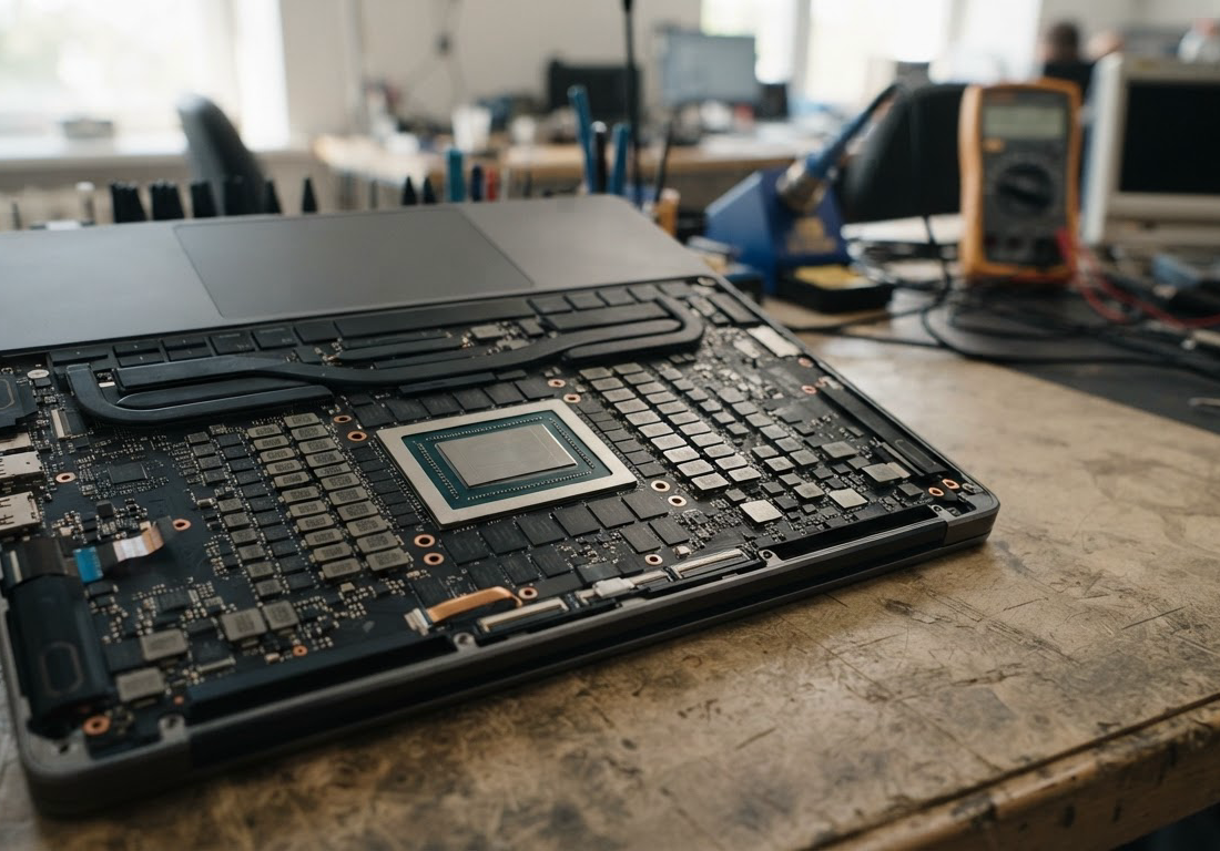 Notebook aberto sobre bancada técnica, com a tampa inferior removida e um único chip central cercado por módulos de memória, sob luz lateral suave
