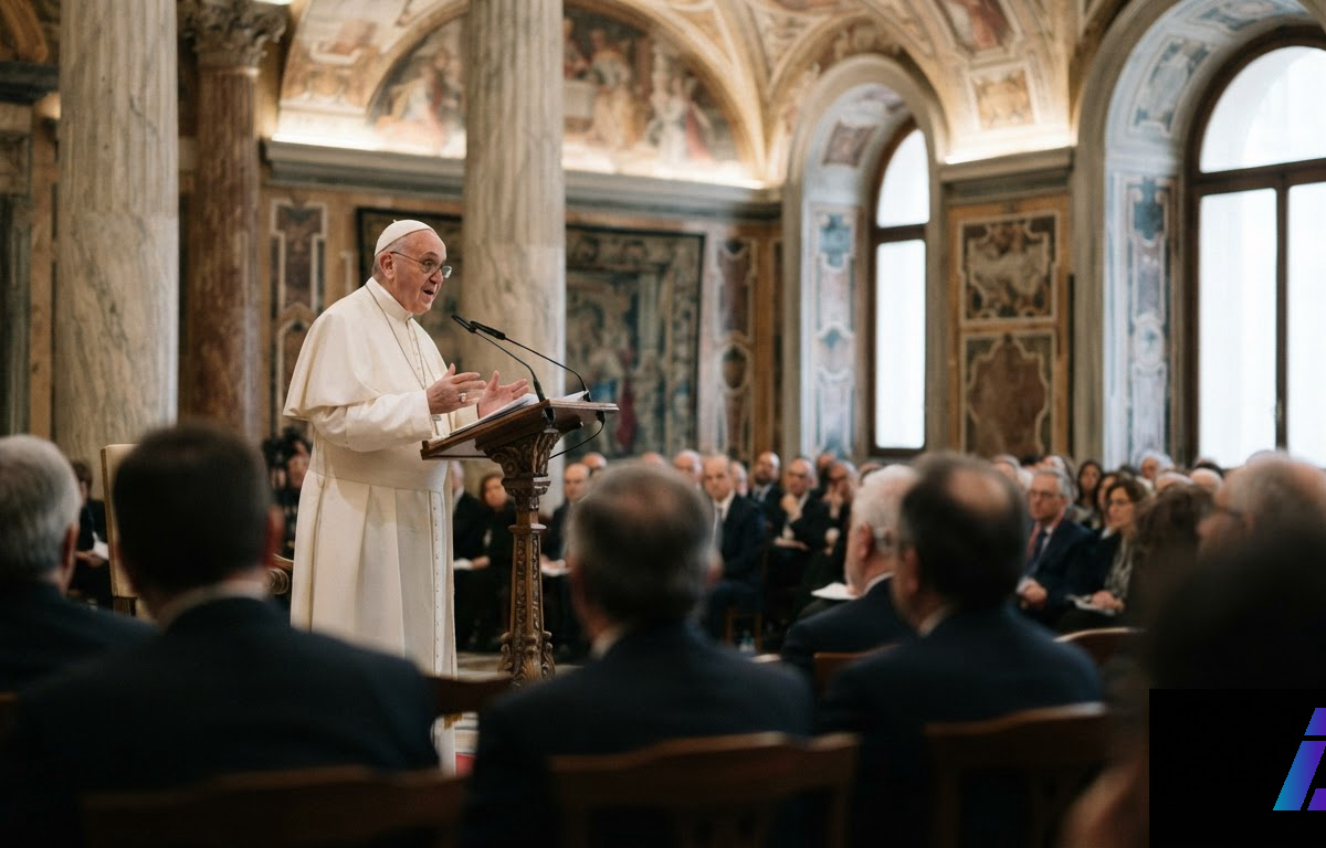 Papa Leão XIV discursa em um salão clássico do Vaticano com colunas de mármore diante de uma plateia de especialistas, iluminado por luz natural suave.