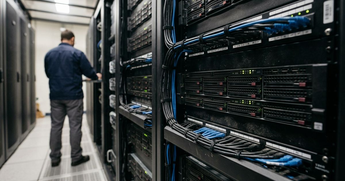 Racks de servidores em um centro de dados iluminado, exibindo luzes indicadoras ativas e cabos de rede conectados com precisão em primeiro plano.