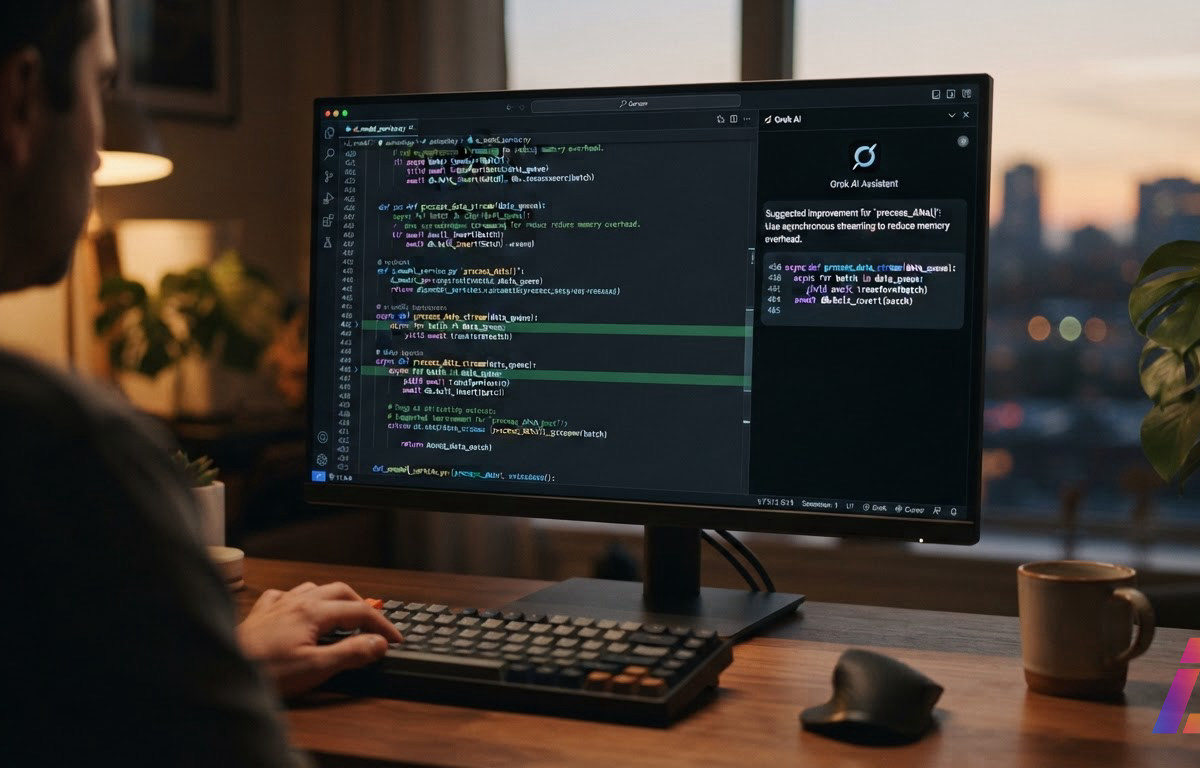 Close de um monitor com editor de código aberto e painel lateral de assistente sugerindo linhas de programação, em mesa de trabalho de programador iluminada pela luz do entardecer, com espaço livre no canto inferior direito