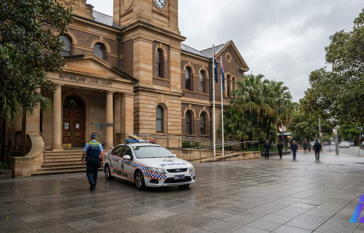 Fachada de prédio de tribunal em Sydney sob céu nublado, com viatura da polícia estacionada junto à entrada