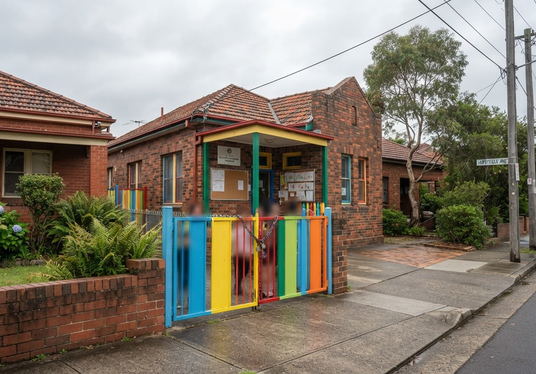 Fachada de uma creche em rua residencial com portão colorido fechado, ladeada por casas de tijolo sob céu nublado