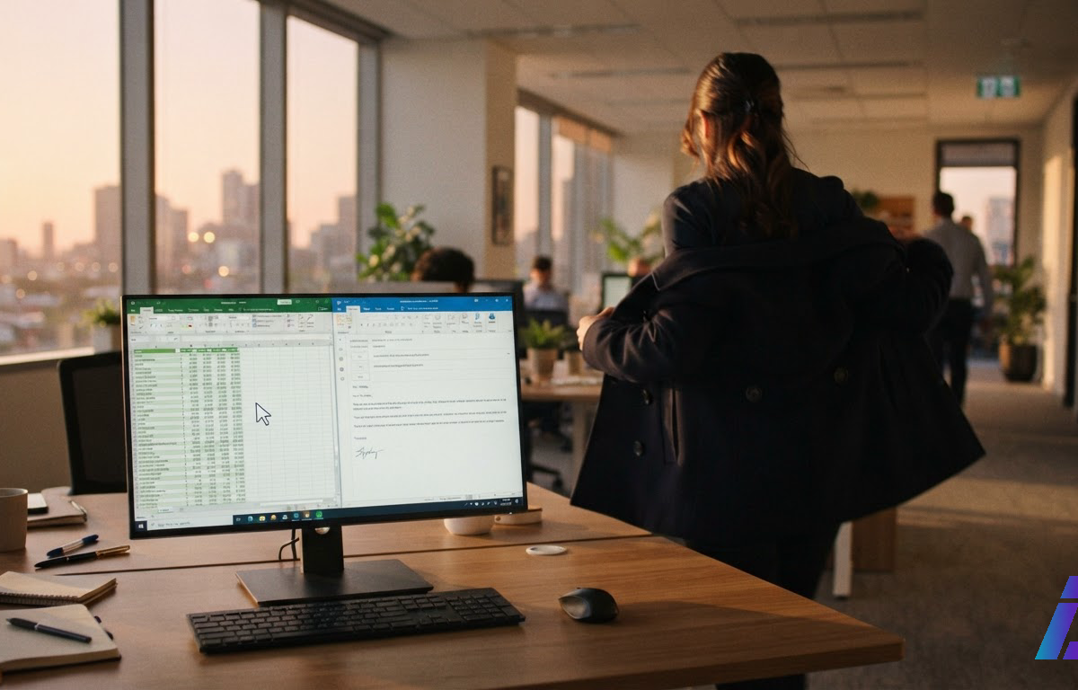 Monitor de escritório com cursor se movendo sozinho entre uma planilha e um e-mail, enquanto uma funcionária, de costas, veste o casaco para sair sob a luz alaranjada do fim de tarde