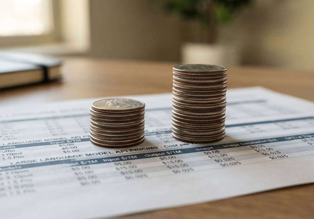 Duas pilhas de moedas de dólar sobre uma tabela de preços impressa, uma com metade da altura da outra, iluminadas por luz lateral