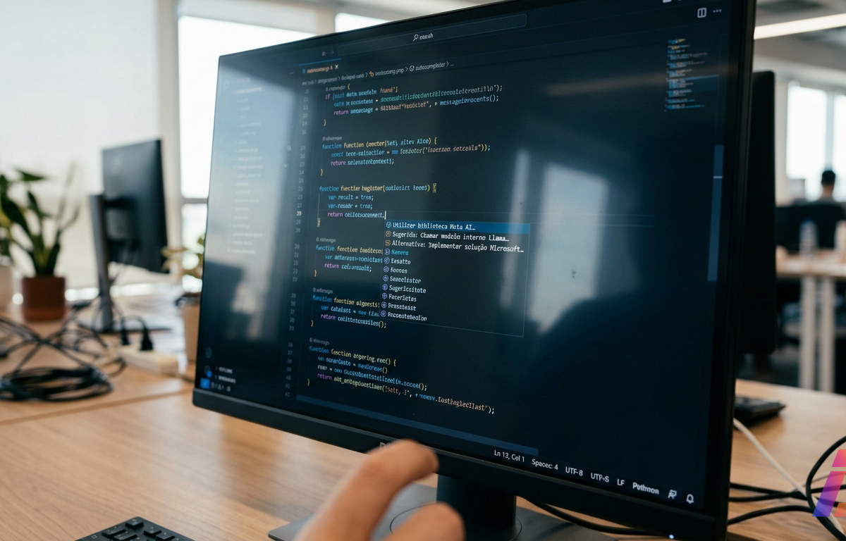 Monitor em ambiente corporativo exibindo ambiente de desenvolvimento de software com sugestões de preenchimento de código na tela.