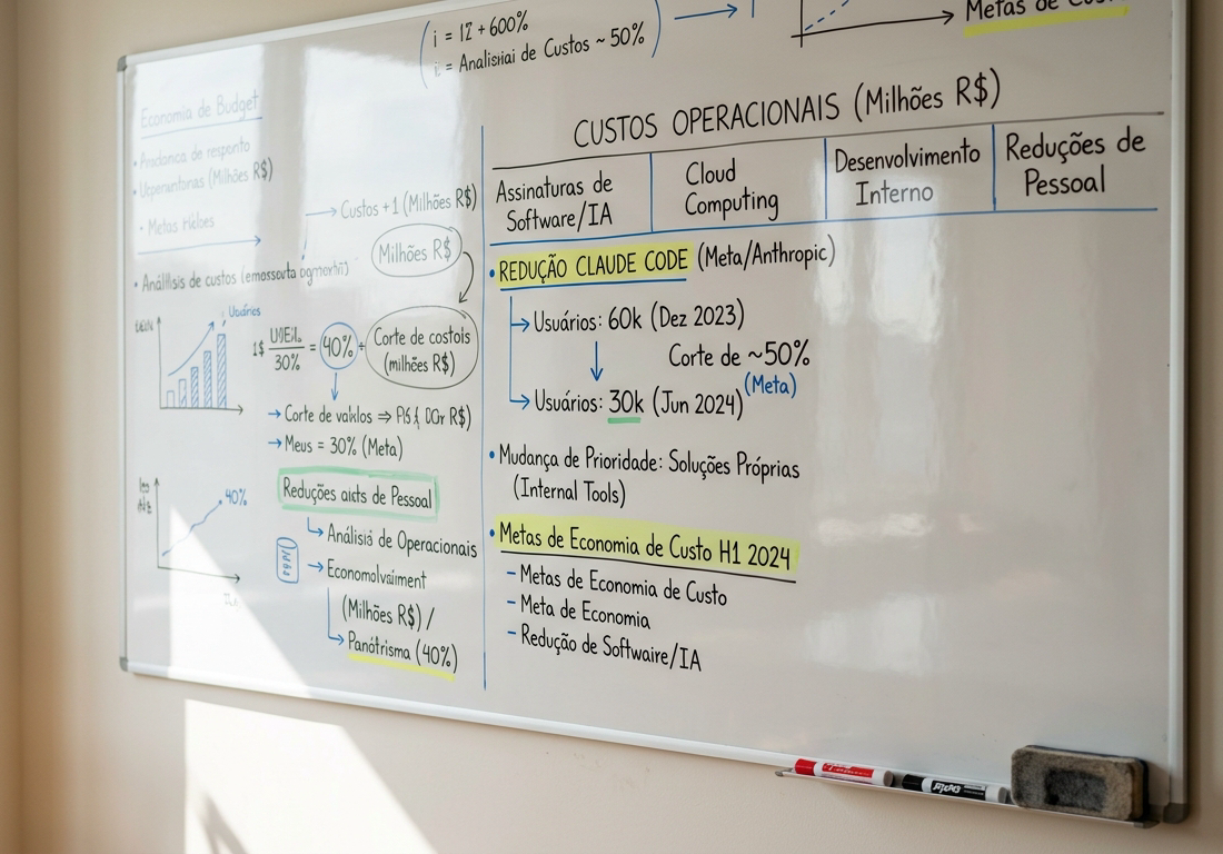 Quadro branco em sala de reuniões com anotações de planejamento orçamentário, colunas de custos e gráficos de corte de gastos desenhados à mão.