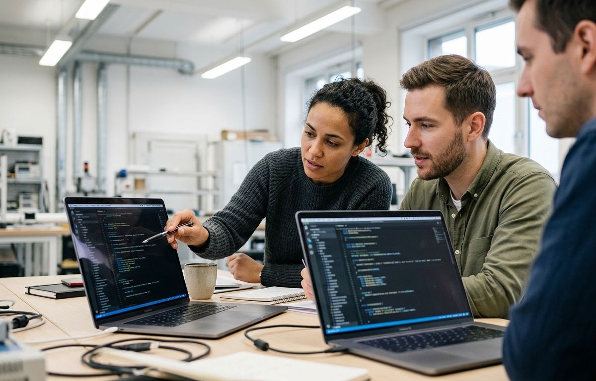 Profissionais de tecnologia trabalham diante de monitores com linhas de programação em ambiente técnico bem iluminado