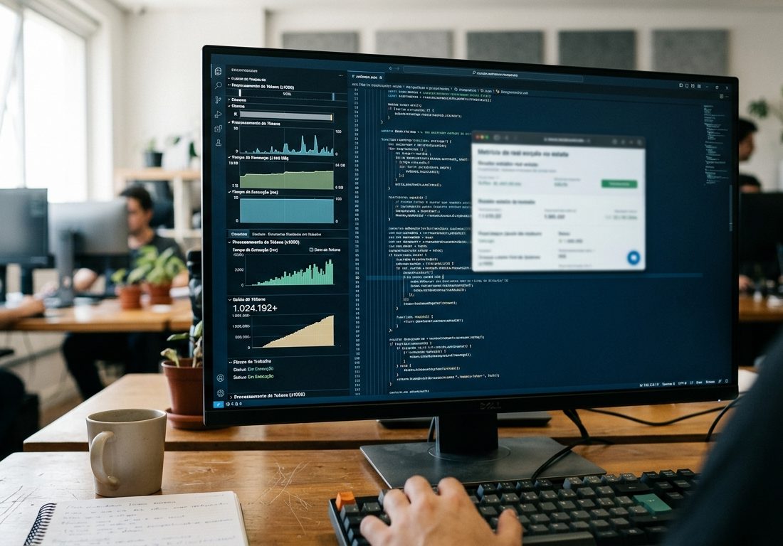 Monitor exibindo gráficos de desempenho e blocos de código de programação.