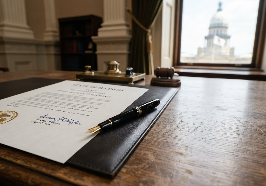 Documento oficial assinado sobre uma mesa de madeira escura, com uma caneta-tinteiro ao lado, iluminado por luz natural que entra por uma janela