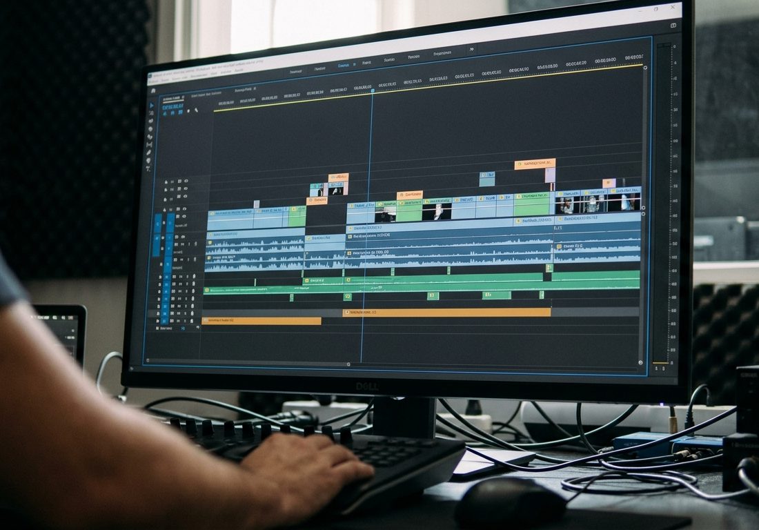 Monitor profissional exibe interface de edição com faixas de áudio sincronizadas e malha gráfica digital sobreposta a uma silhueta humana.