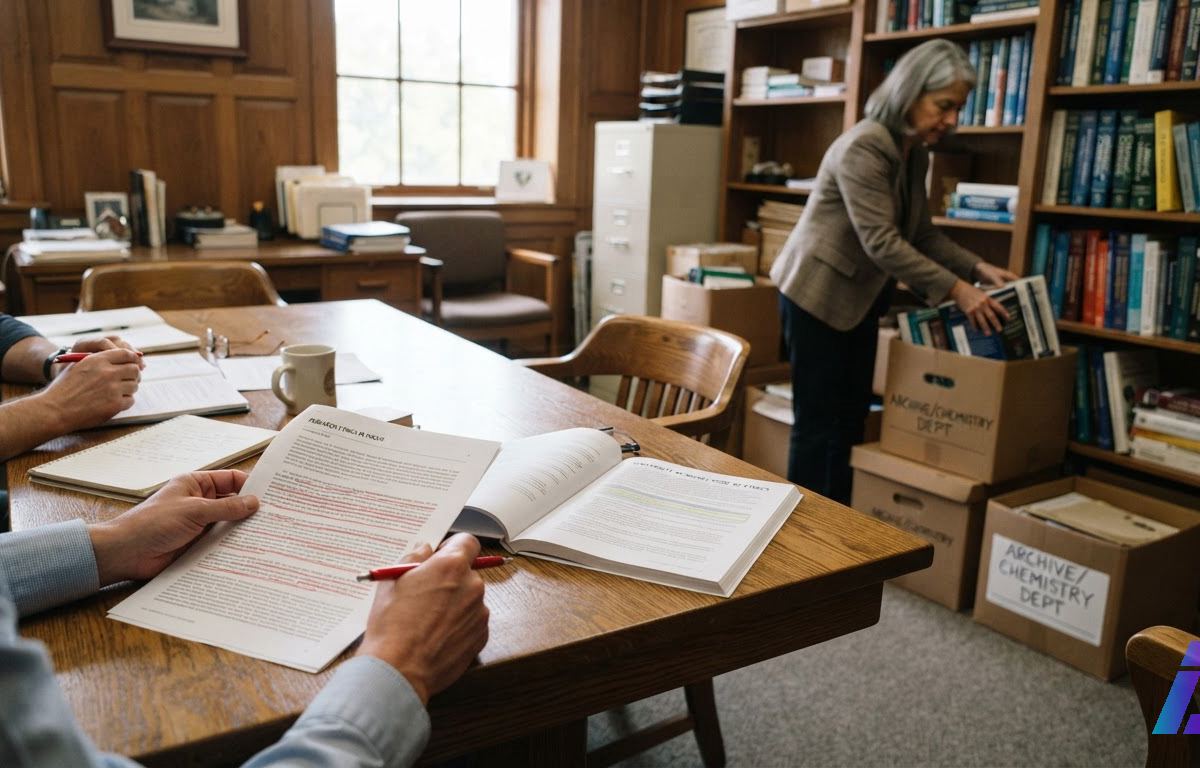 Mãos de membros de um comitê acadêmico examinam páginas impressas sublinhadas em vermelho ao lado de um manual de ética sobre uma mesa de madeira, enquanto um acadêmico encaixota livros ao fundo em um gabinete clássico.