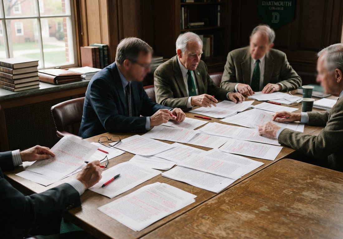 Professores seniores de rostos não identificáveis examinam dezenas de artigos impressos e grifados com caneta vermelha sobre uma mesa de madeira em uma sala de reuniões tradicional iluminada por luz natural, com outra pilha de documentos ao