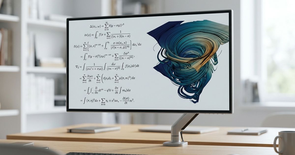 Tela de computador sobre mesa clara exibindo equações matemáticas abstratas à esquerda e representação visual de vórtice em fluido à direita, com tons de azul-petróleo e âmbar