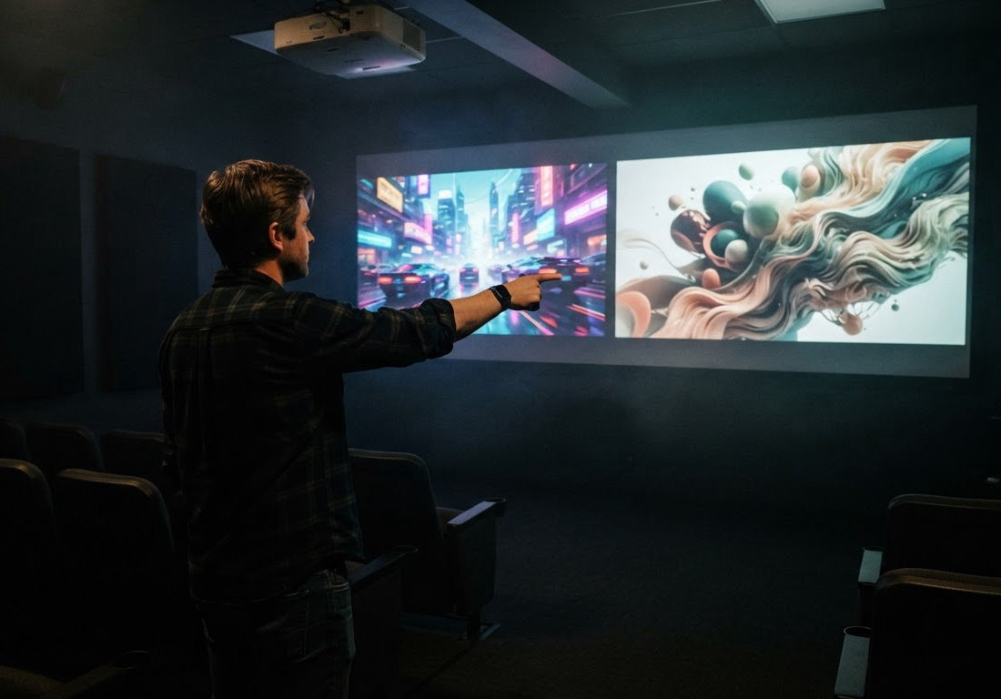 Dois clipes de vídeo projetados lado a lado na parede de uma sala de exibição escura, enquanto uma pessoa de costas aponta para um deles