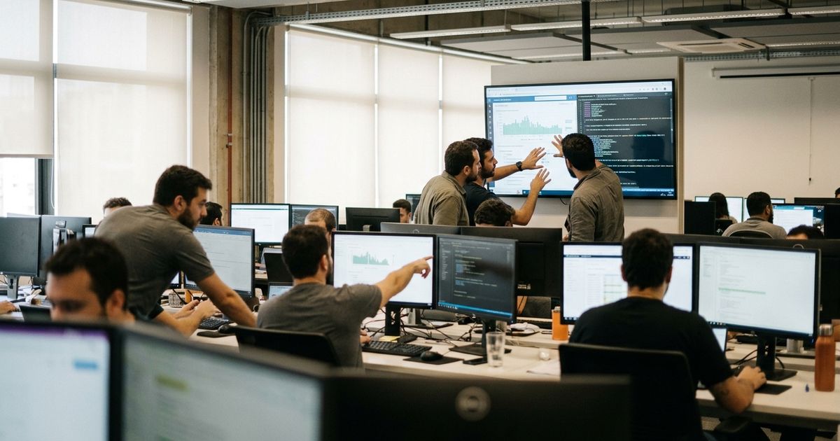 Engenheiros em sala de operações observam métricas de treinamento de modelos em telas grandes, com iluminação natural e ambiente corporativo sóbrio