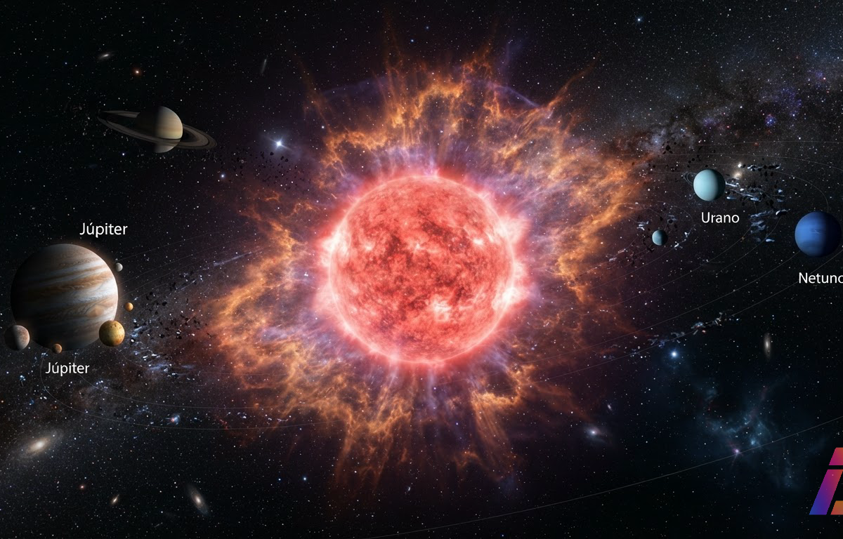 Simulação astronômica mostra Sol velho e inchado expelindo pulso de gás enquanto Júpiter, Saturno, Urano e Netuno seguem órbitas caóticas e dispersas no espaço profundo.