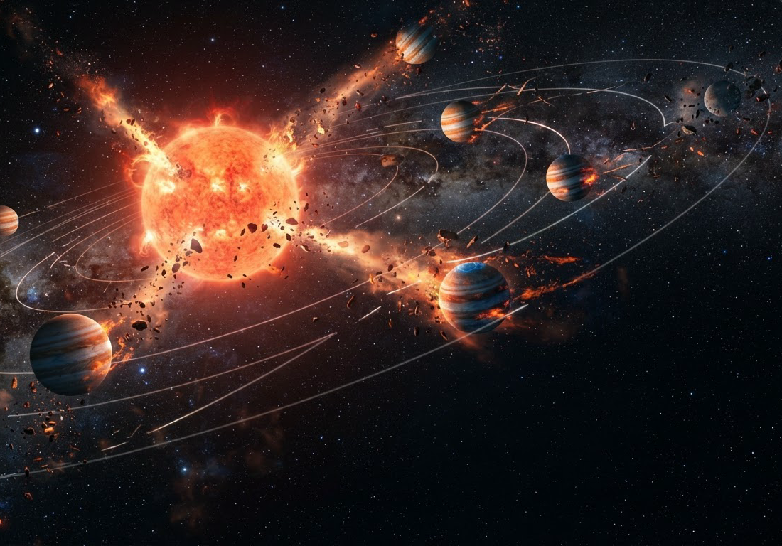 Simulação astronômica mostra órbitas elípticas de planetas gigantes se rompendo enquanto um Sol envelhecido ejeta fragmentos de massa em jatos discretos pelo espaço