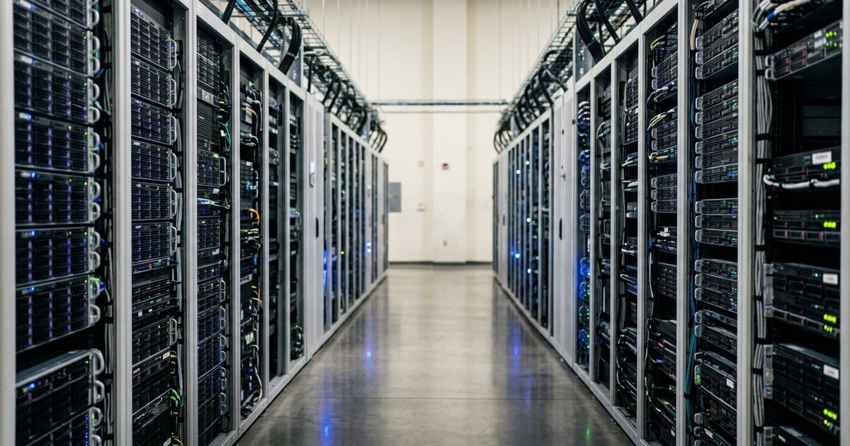 Corredor amplo de centro de dados de grande escala com fileiras simétricas de servidores e racks computacionais iluminados
