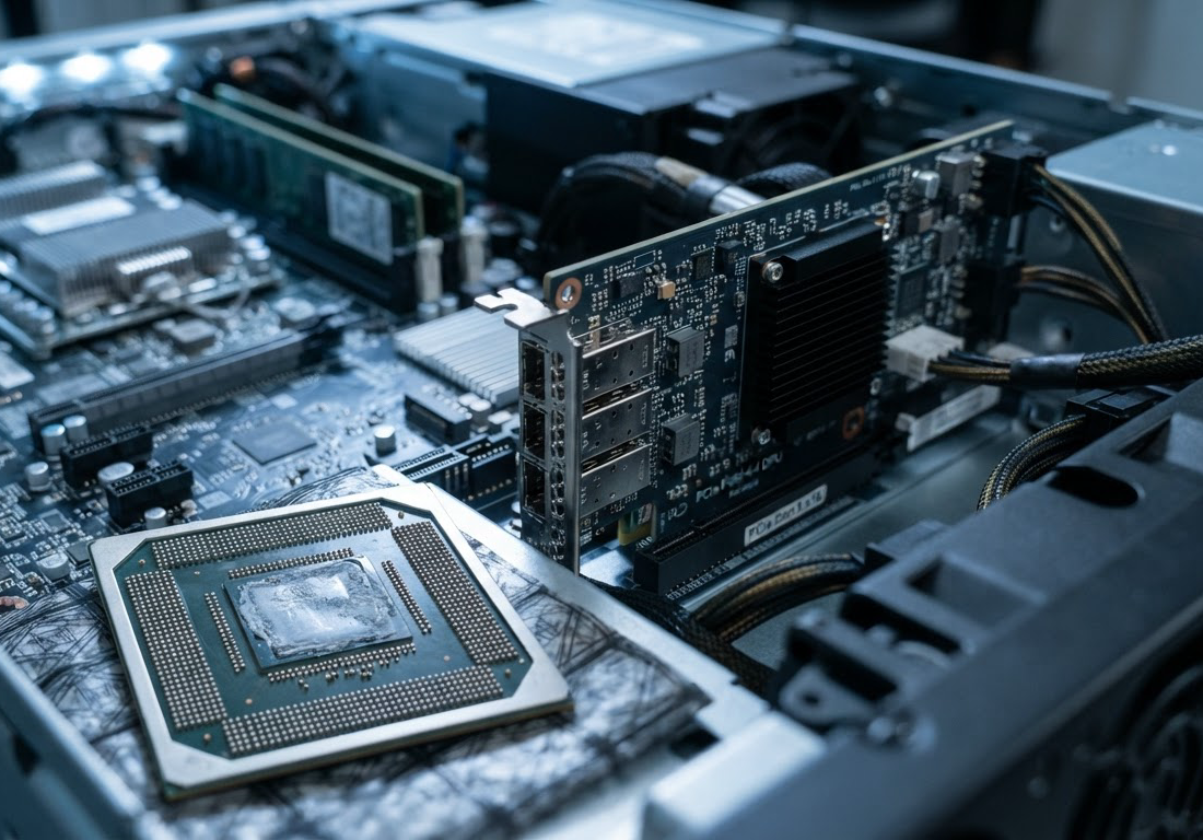 Placa de rede com processador próprio encaixada ao lado da placa-mãe de um servidor aberto, com o chip em primeiro plano sob luz lateral fria