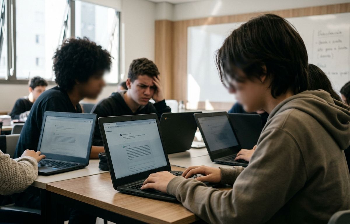 Estudantes em sala de aula iluminada com luz natural, sentados diante de computadores portáteis com telas exibindo interfaces de texto desfocadas ao fundo.