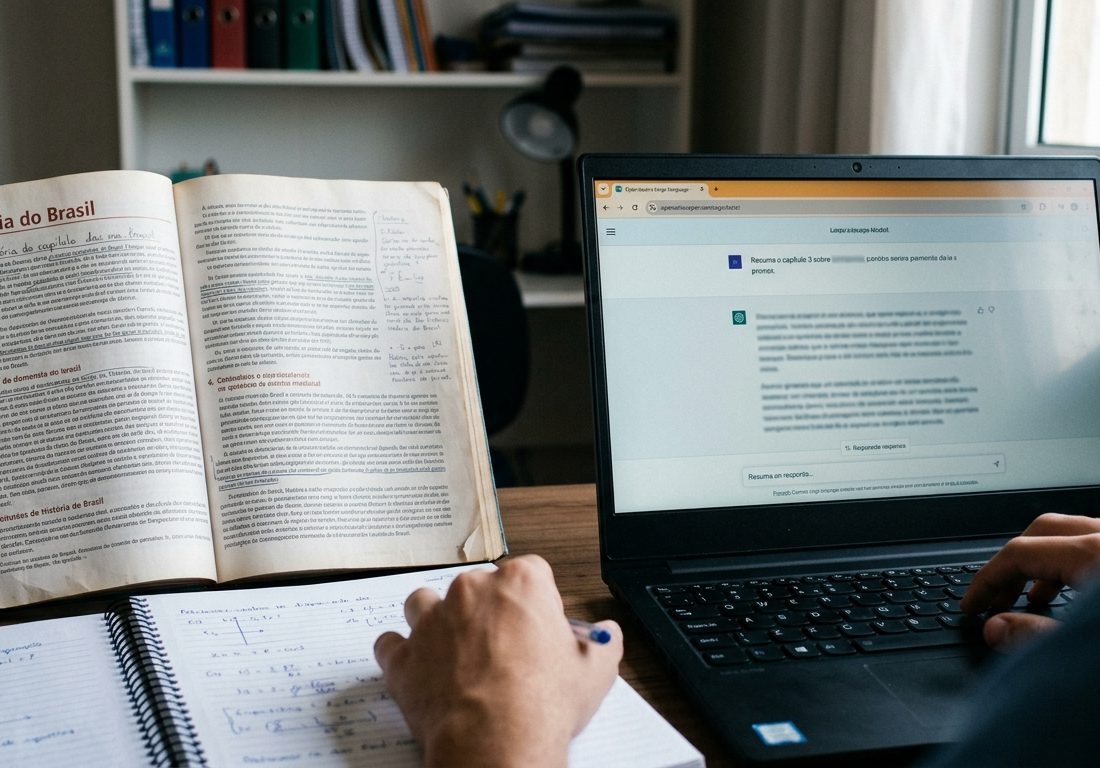 Tela de computador com interface de processamento textual desfocada ao lado de livros didáticos e caderno abertos sobre mesa iluminada por luz natural.