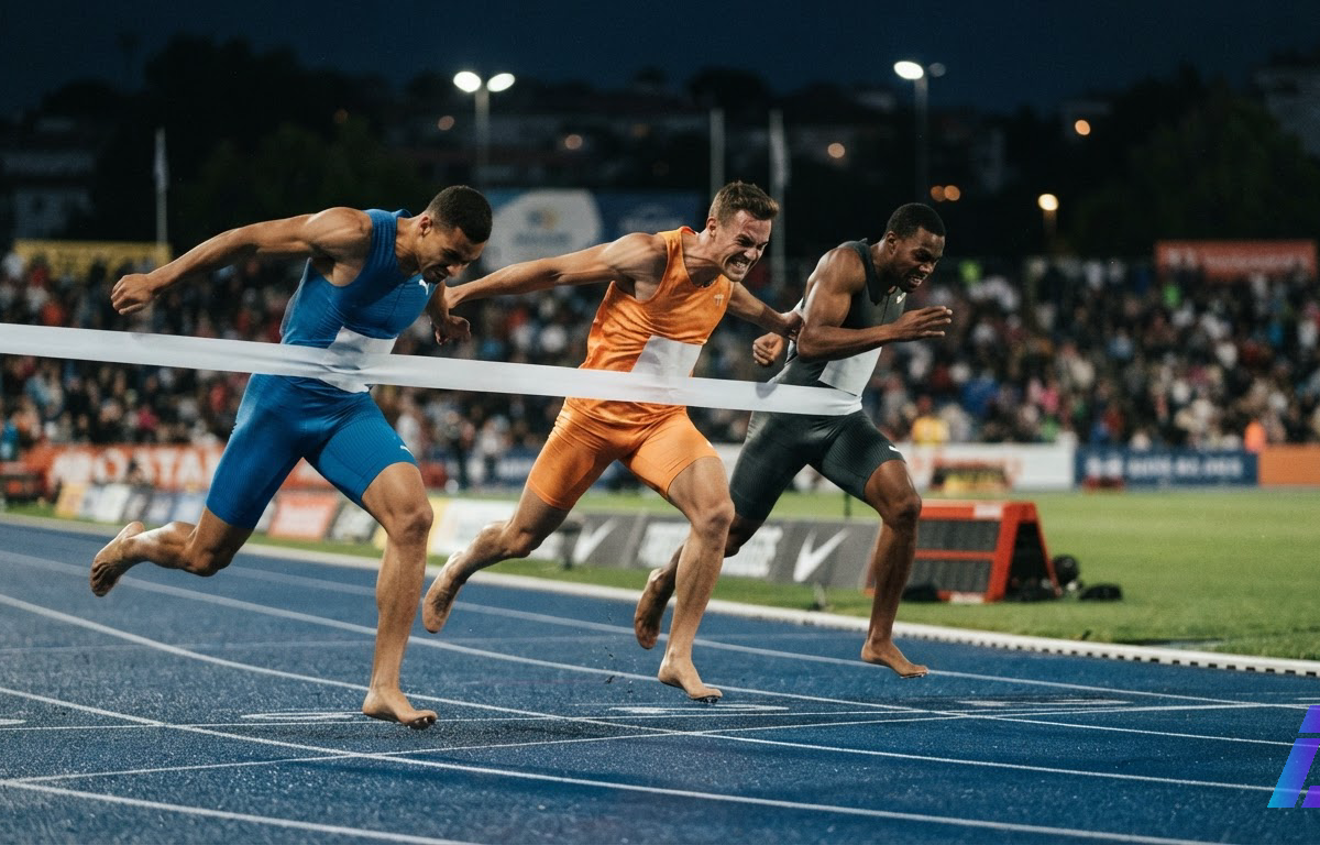 Três velocistas com camisas azul, laranja e cinza cruzam a linha de chegada praticamente empatados, sob a luz de um estádio à noite.