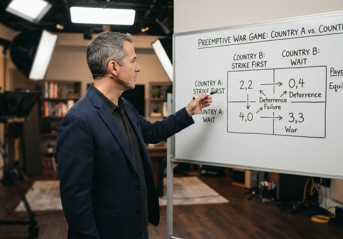 Apresentador de costas, em estúdio com refletores suaves, aponta para um quadro com uma matriz de teoria dos jogos que compara as opções de dois países