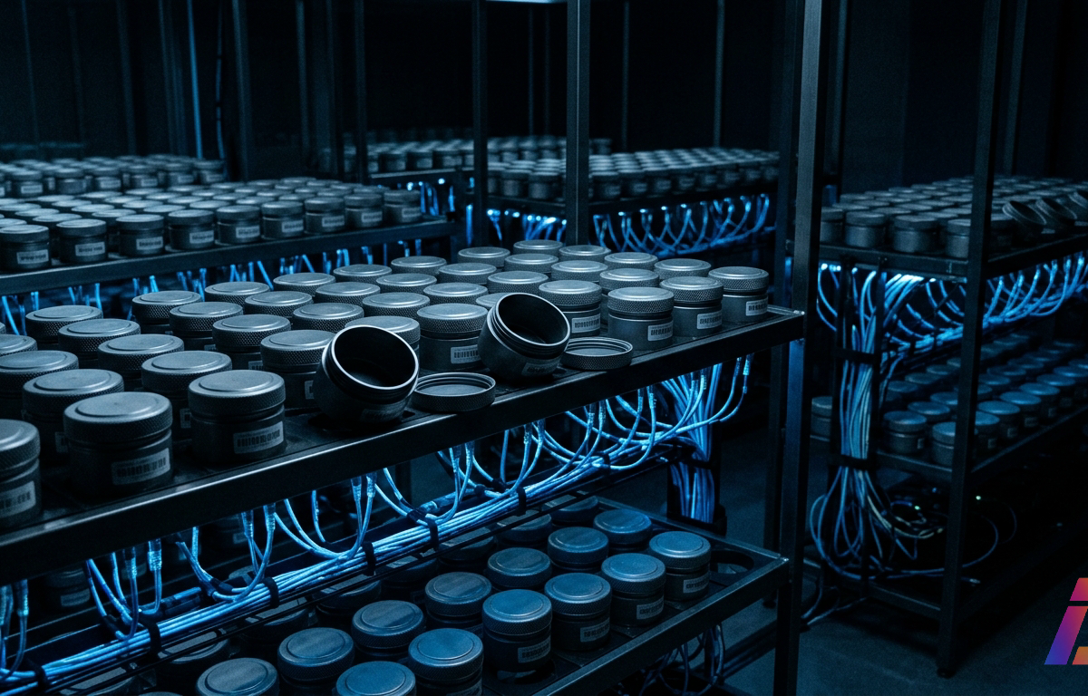 Corredor de datacenter durante o plantão noturno, visto de ângulo baixo com lente grande-angular: fileiras de racks de servidores avançam em perspectiva fechada até o fundo, sob lâmpadas de emergência âmbar e luz azul fria com leve névoa. E