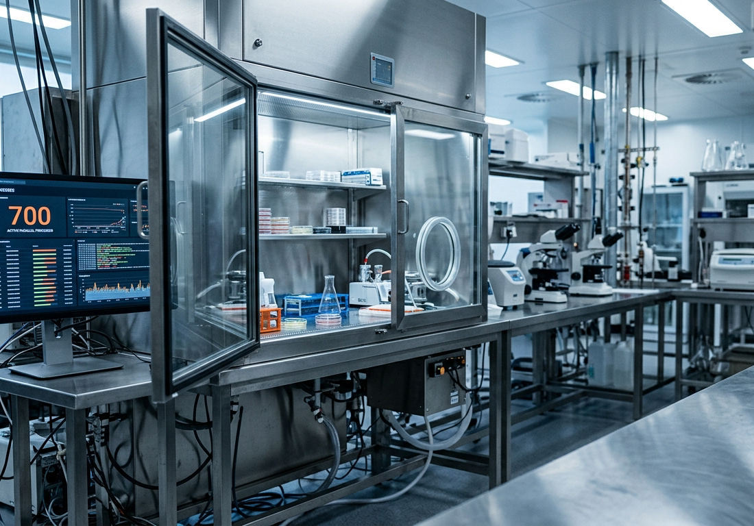 Interior noturno e vazio de um laboratório de inteligência artificial, com fileiras de estações de trabalho desocupadas em mesas brancas, cadeiras de malha desalinhadas e objetos pessoais esquecidos. Ao fundo, uma parede de vidro fosco reve