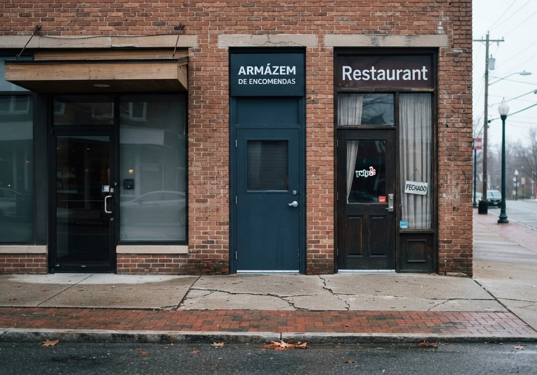 Três portas fechadas lado a lado numa rua de cidade americana em manhã fria: a entrada de uma agência bancária, o portão metálico de um armazém e a porta de vidro de um restaurante com adesivo na vitrine