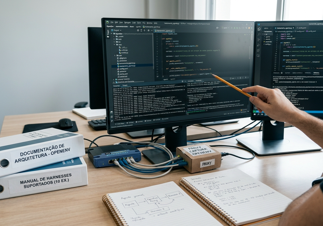 Bancada técnica de engenharia de software com dois monitores foscos exibindo janelas de terminais padronizadas, ao lado de anotações técnicas impressas e xícara de cerâmica, banhada por iluminação matinal suave.