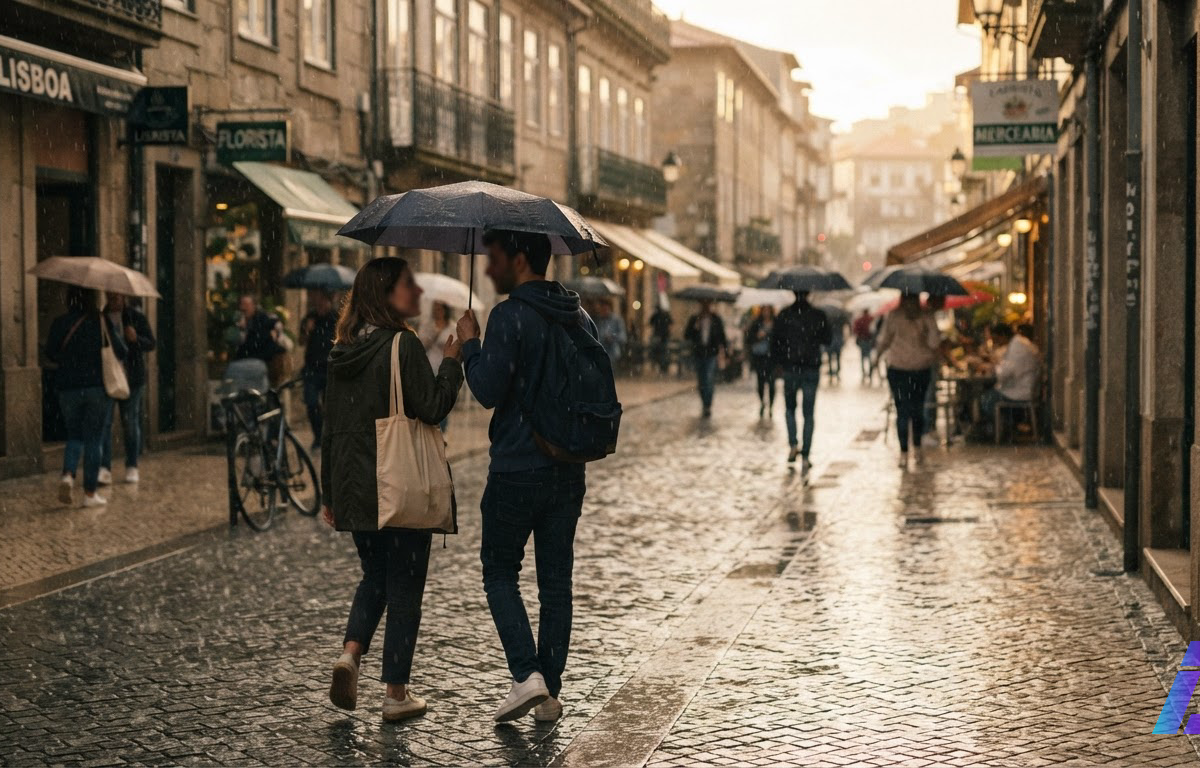Rua urbana sob luz de fim de tarde, onde uma chuva repentina começa a cair sobre duas pessoas conversando na calçada, enquanto as bordas da cena ainda parecem se formar