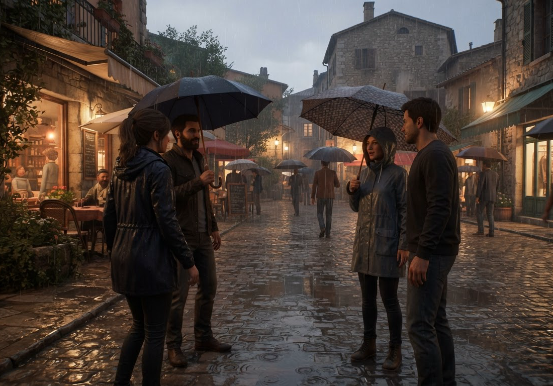 Visão em primeira pessoa avançando por uma praça de vila com personagens conversando enquanto a chuva começa a cair sobre o calçamento