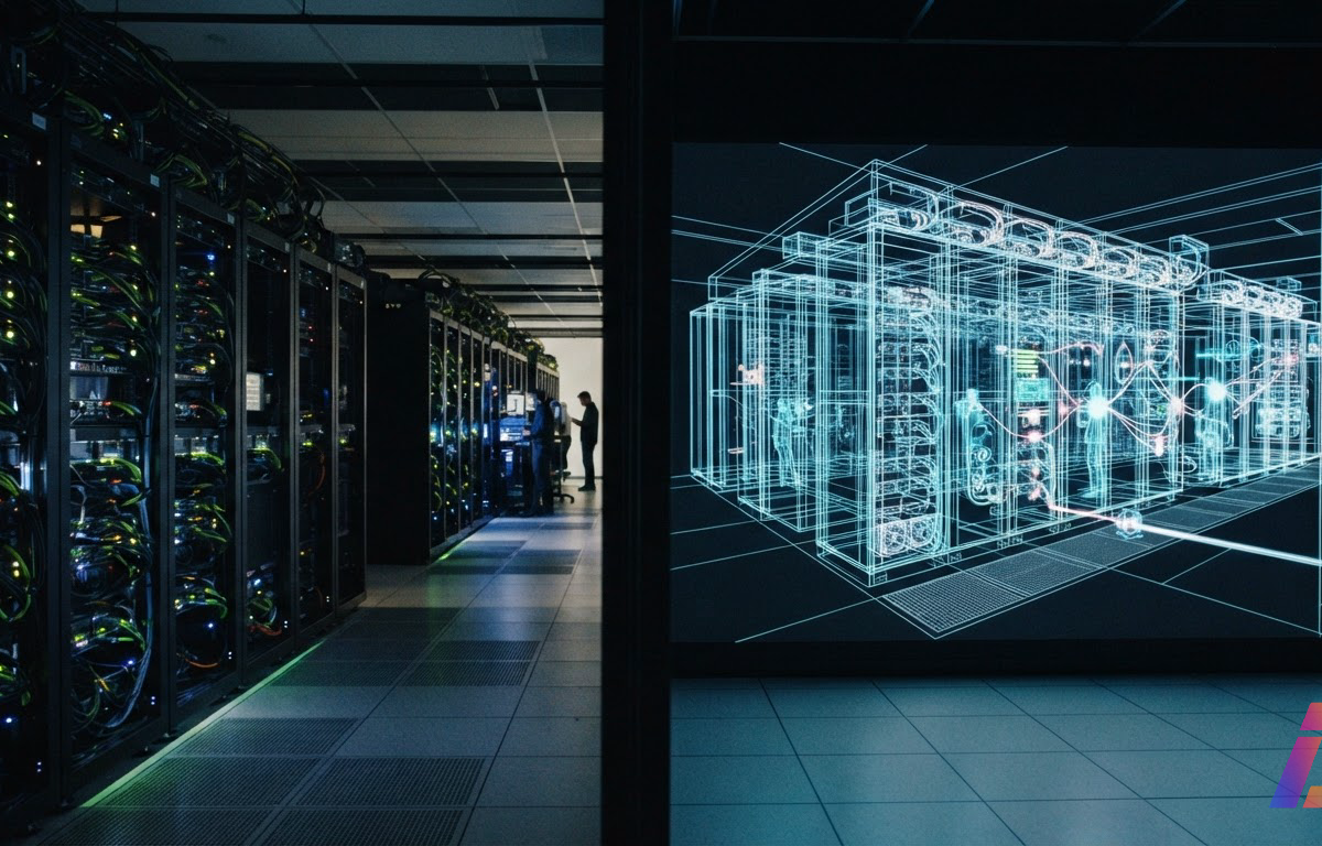 Galpão de data center com racks de GPUs à esquerda e, à direita, réplica em wireframe do mesmo ambiente, onde agentes virtuais ensaiam mudanças de configuração em simulação antes da aplicação no ambiente físico.