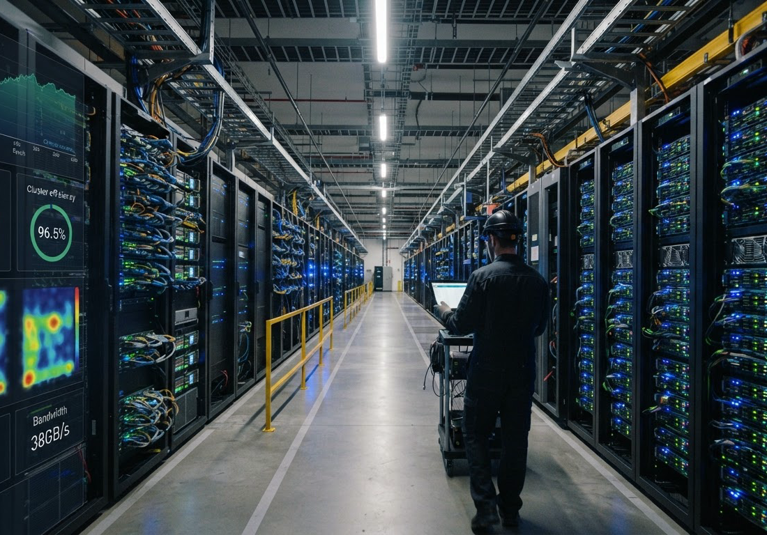 Réplica digital fotorrealista de um galpão de fábrica de IA com corredor longo entre racks de servidores simulados e sobreposição de métricas de validação
