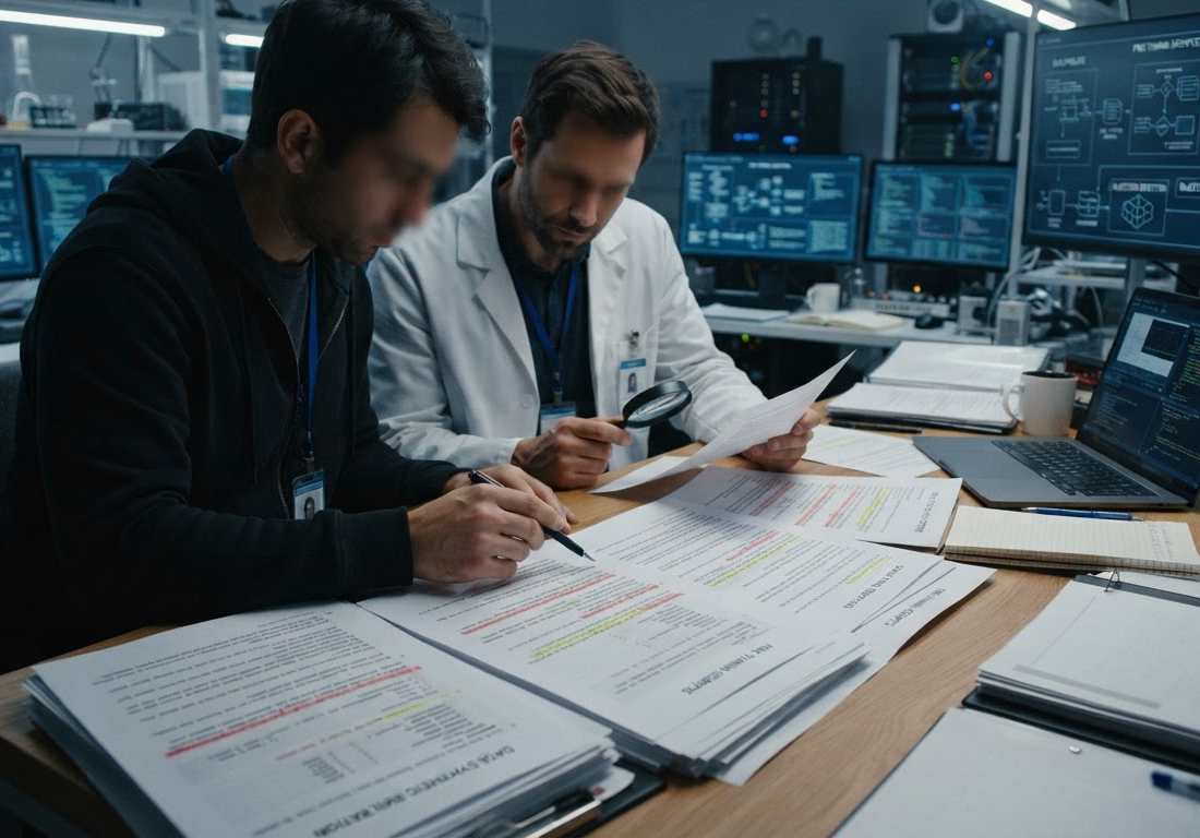 Pesquisadores analisam páginas impressas de roteiros com padrões de código nas entrelinhas sobre uma bancada de laboratório, com diagramas técnicos ao fundo sob luz fria.