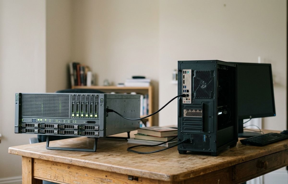Gabinete de servidor de computação em rack conectado por cabo de rede azul a computador de mesa com placa de vídeo visível sobre bancada clara.