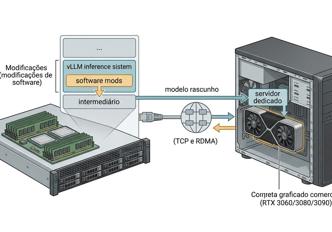 Diagrama esquemático mostrando a divisão de processamento entre um cluster principal de servidores e uma placa gráfica secundária interligados por conexões de rede em fundo claro.