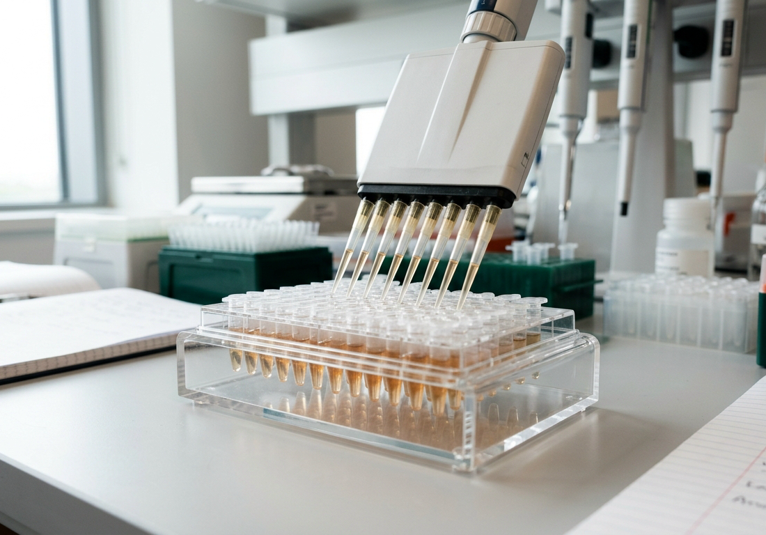 Placa de micropoços com amostras celulares translúcidas ao lado de uma micropipeta multicanal em bancada de laboratório de genômica iluminada por luz natural suave.