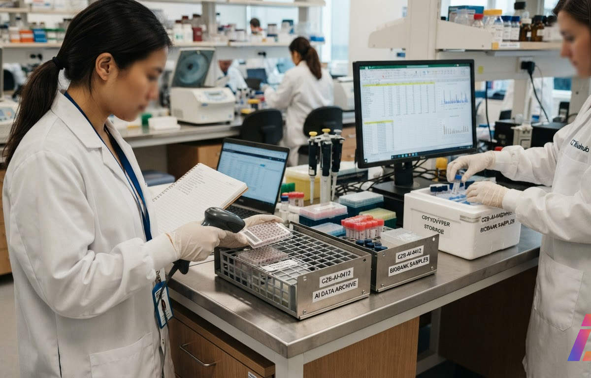 Cientistas em laboratório organizam planilhas e placas com amostras biológicas em arquivo padronizado, com equipamentos de pesquisa ao fundo