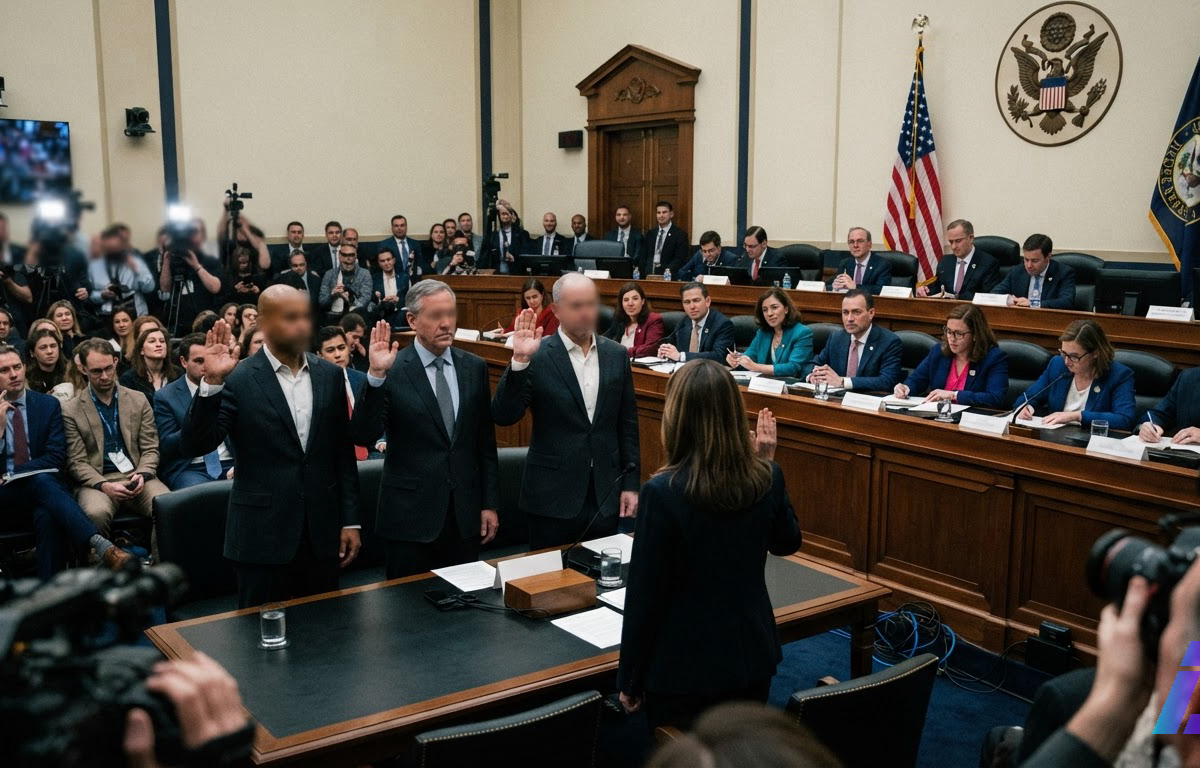 Executivos de terno erguem a mão direita em juramento diante de uma comissão do Congresso americano, com deputados sentados na bancada elevada ao fundo