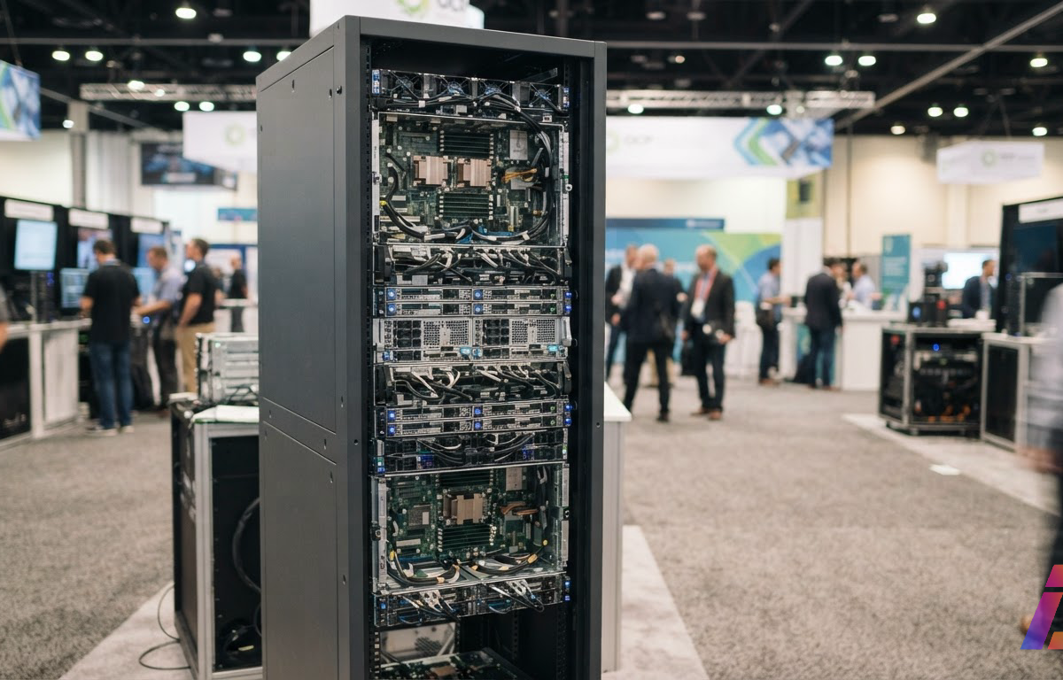 Rack de servidor com bandejas de computação expostas em estande de feira de tecnologia de data centers