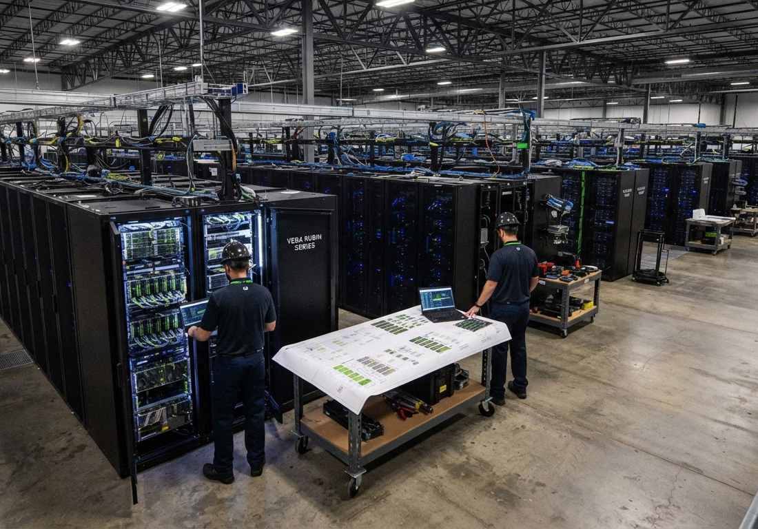 Fileiras de racks de servidores em galpão industrial amplo, com esquemas técnicos abertos iluminados por luz de engenharia