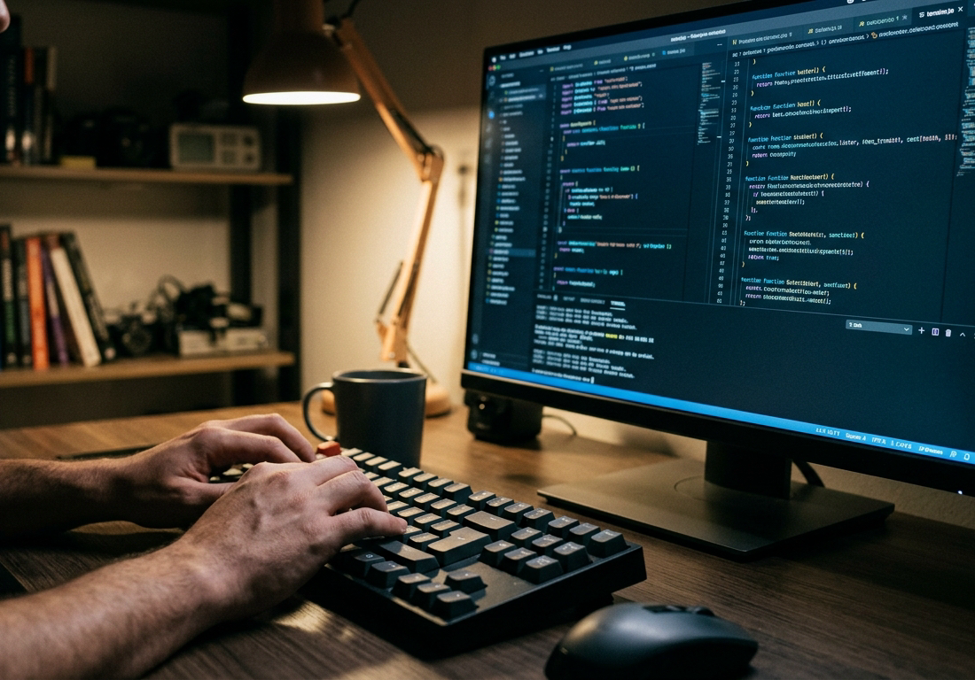 Plano fechado sobre as mãos de uma pessoa digitando em um teclado mecânico diante de um monitor com linhas de código desfocad