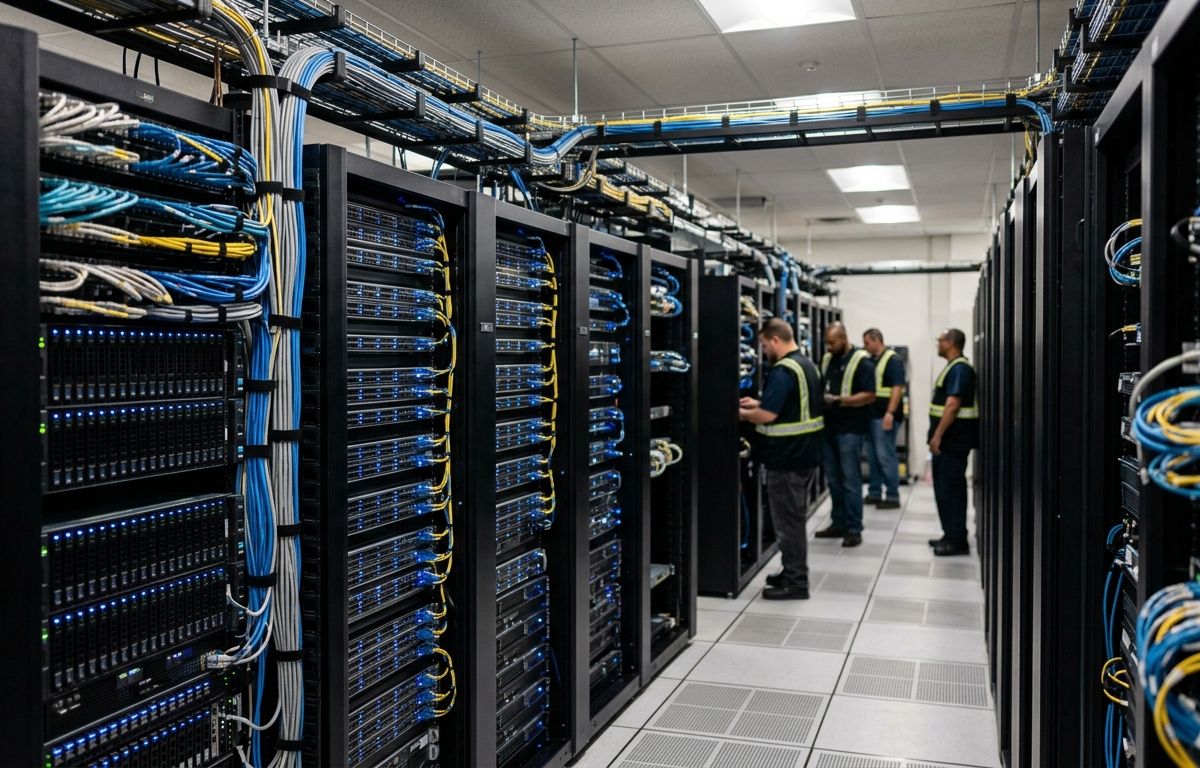 Racks de servidores em corredor de centro de dados moderno com cabeamento estruturado e pequenas luzes indicadoras azuis