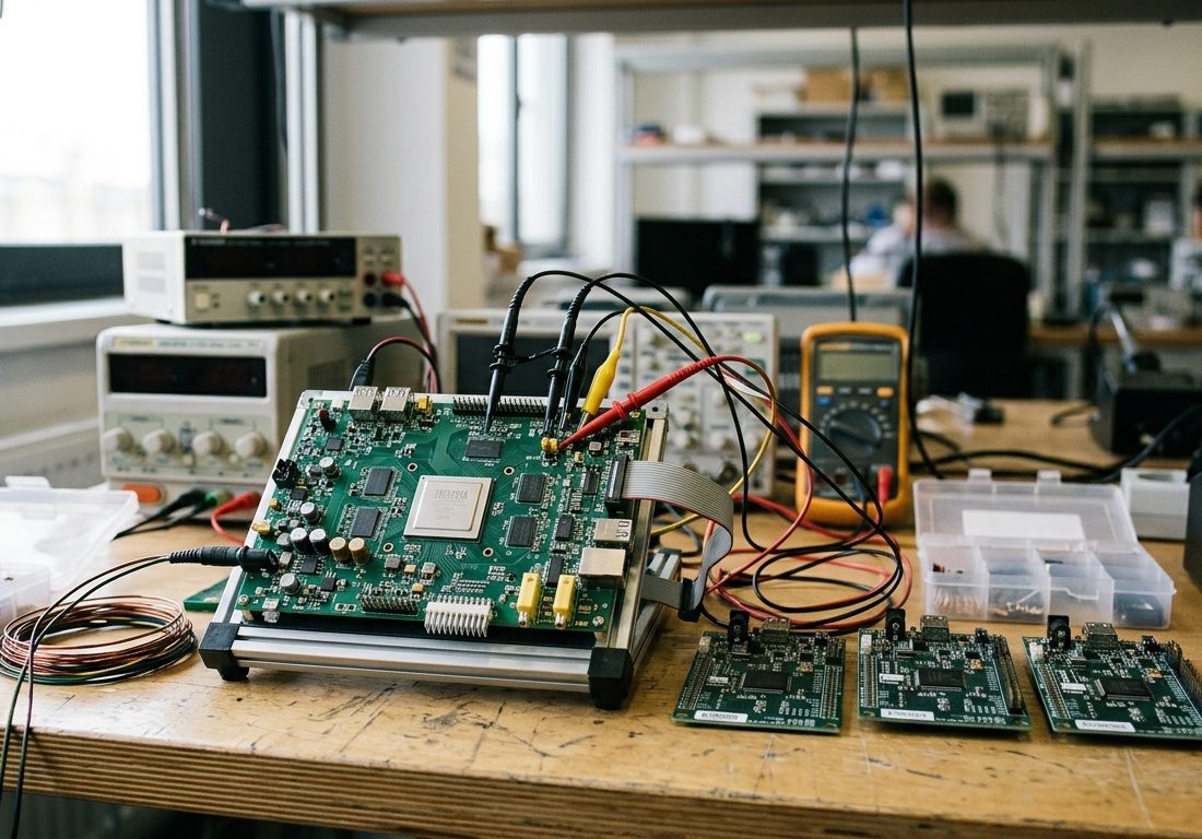 Bancada técnica de engenharia com placas de circuito impresso, dissipadores de calor de processadores e cabos de teste sob iluminação de laboratório.